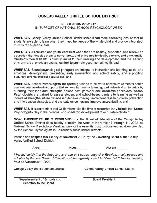 Resolution in Support of National School Psychology Week